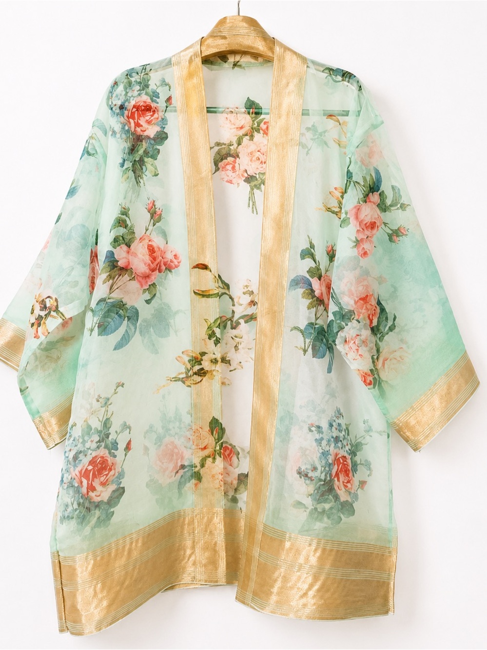 Sheer Floral Kimono Jacket in Mint with Peach and pink Florals, gold Trim